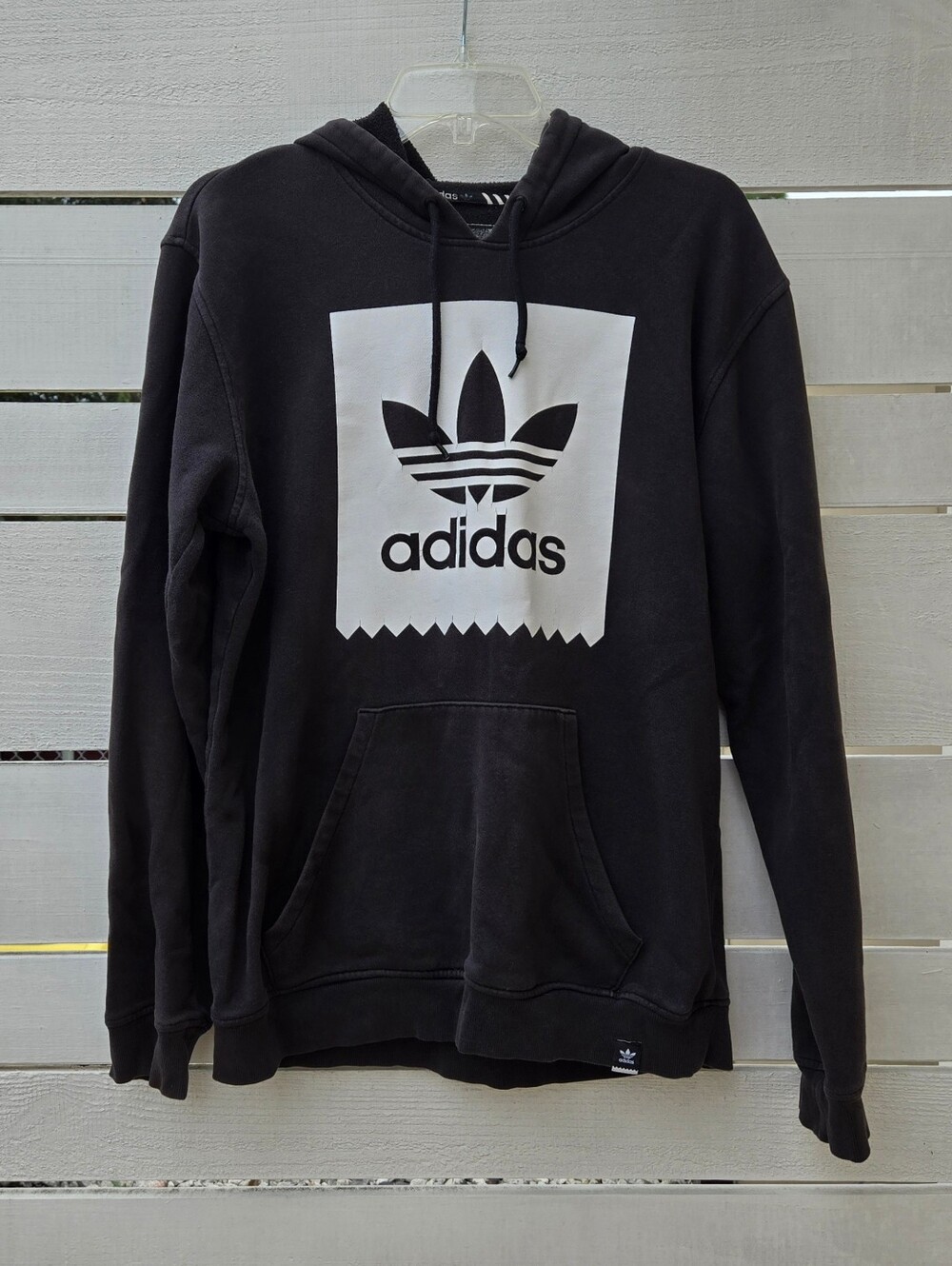 Adidas Black Hoodie Sweatshirt Mens M White Trefoil Logo Pullover Kangaroo Pkt.